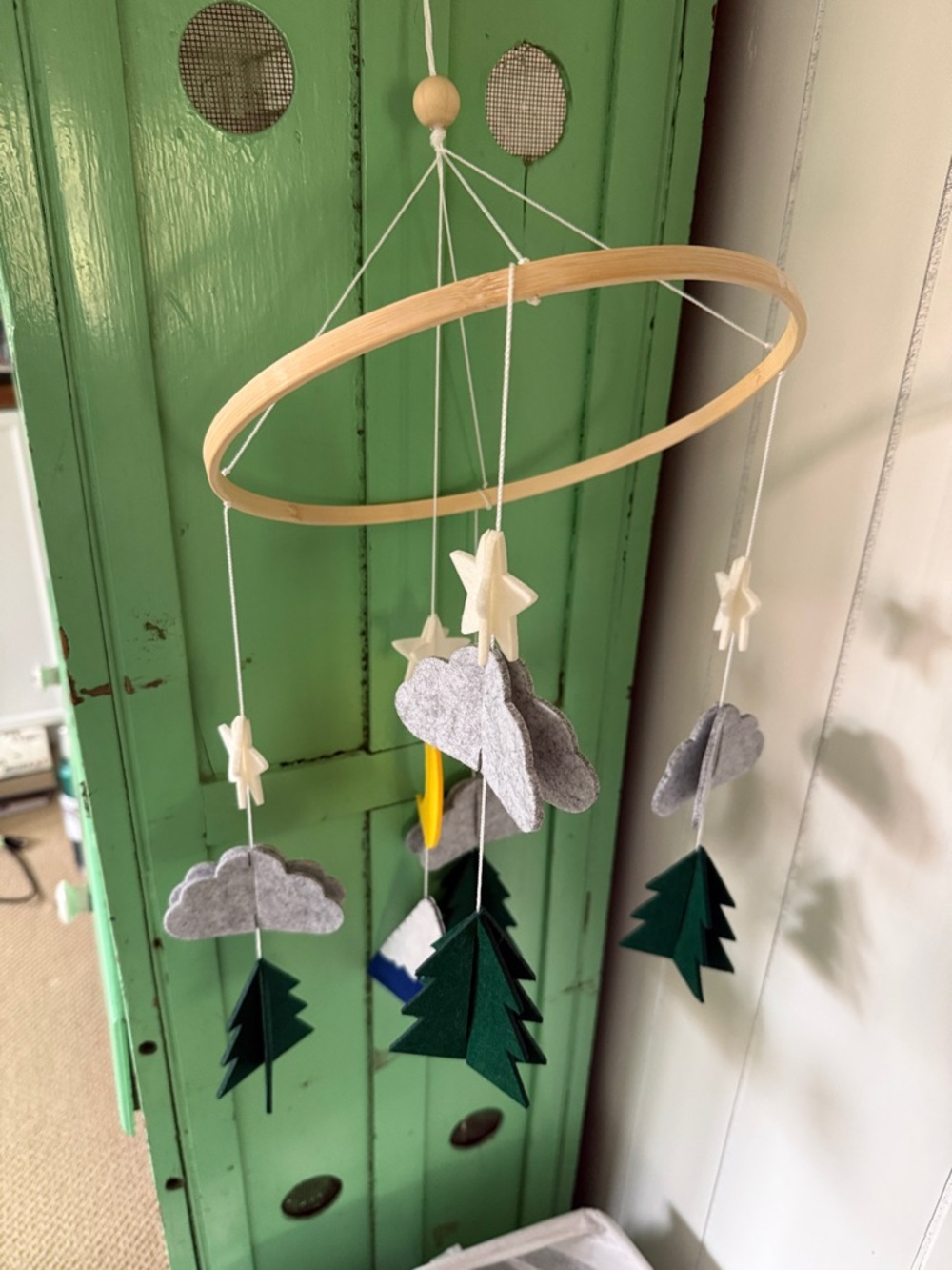 Handmade Felt Cloud & Tree Baby Mobile - Neutral Gray & Forest Green